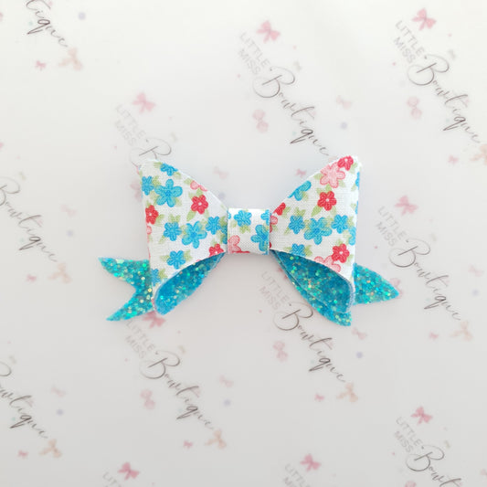 Blue Spring Floral Glitter Bow