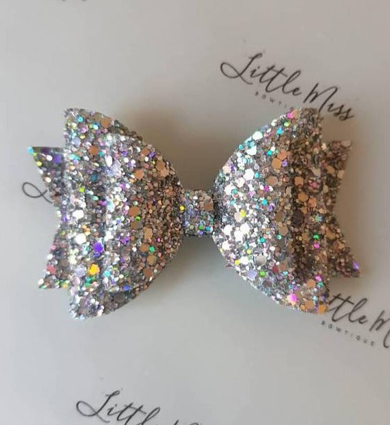 Holographic bow, silve glitter bow, handmade hair bow, hair clip, sparkly bow,