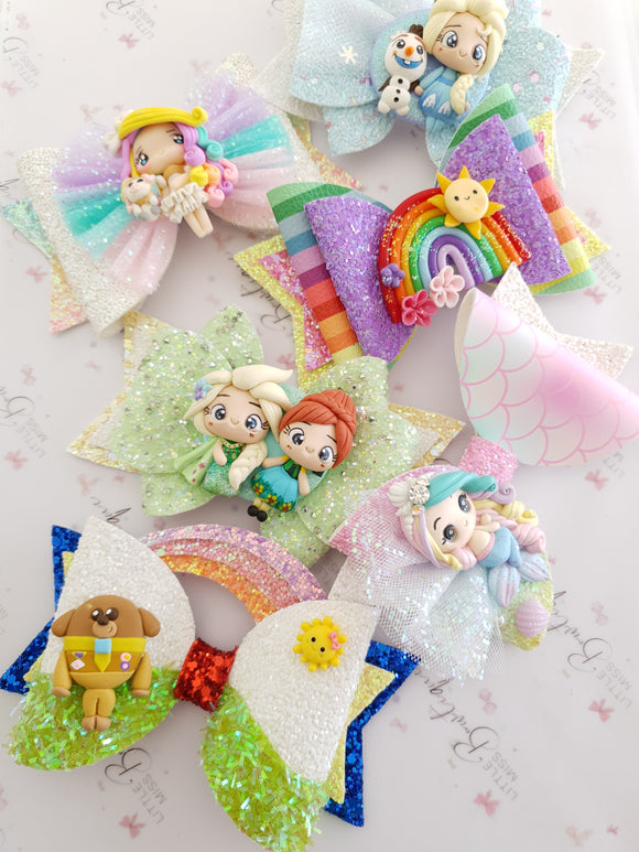 disney, princess, clay bows, princess bows, birthday bows, elsa bow, anna bow, jasmine, aladdin bow, cinderella bow, olaf bow, snow white bow, ariel bow, little mermaid, sleeping beauty bow, Pocahontas bow, hair accessories, 