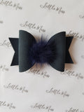 Navy Suede Pom Pom Bows