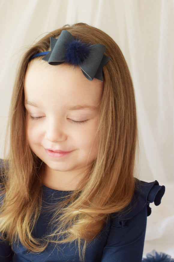 Navy Suede Pom Pom Bows